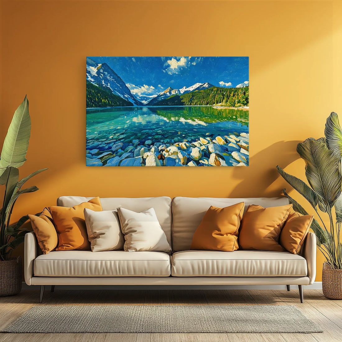 A cozy living room with a beige sofa, orange and white pillows, and a vibrant landscape painting on a yellow wall.