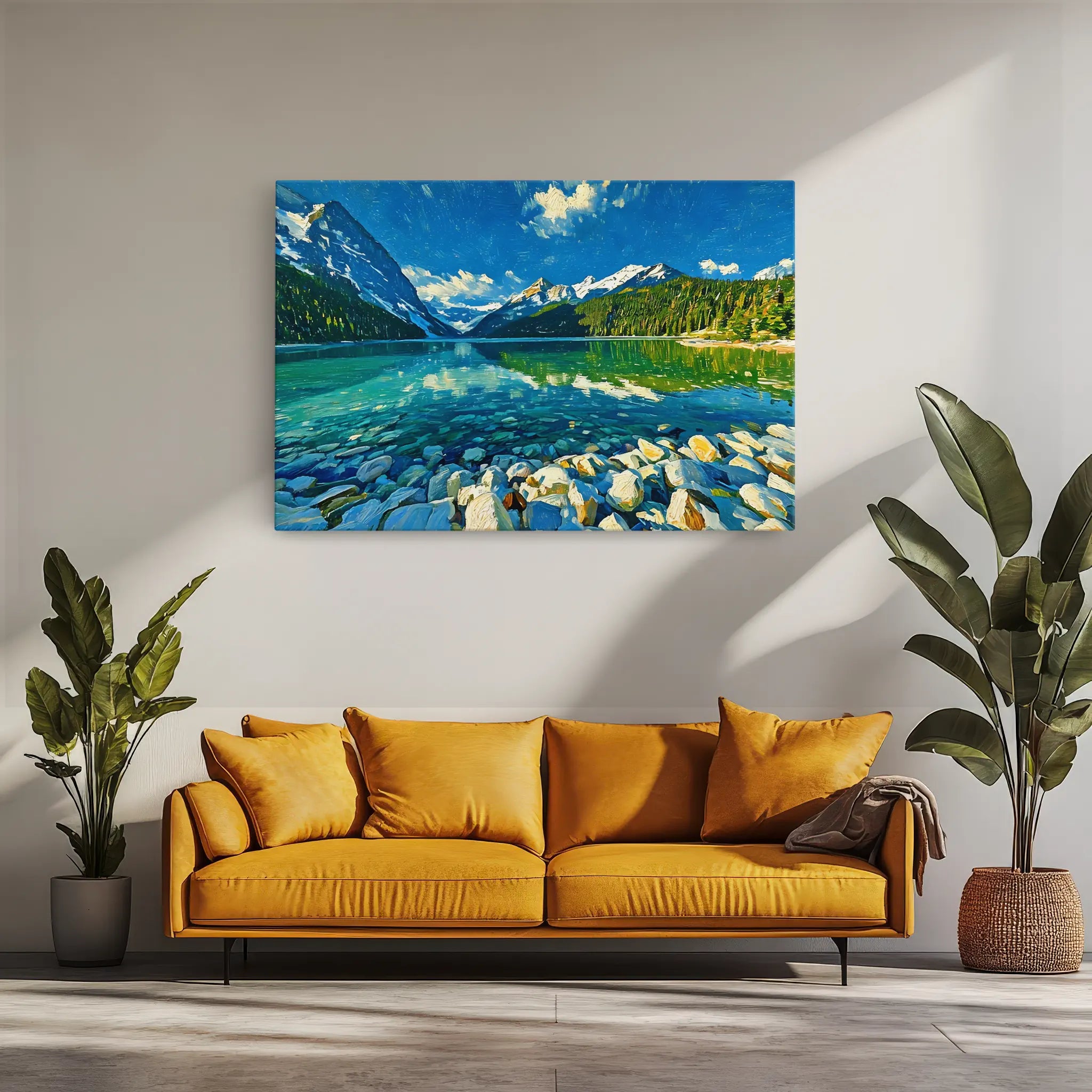A vibrant landscape painting of a lake and mountains hangs above a mustard yellow sofa with green plants on either side.