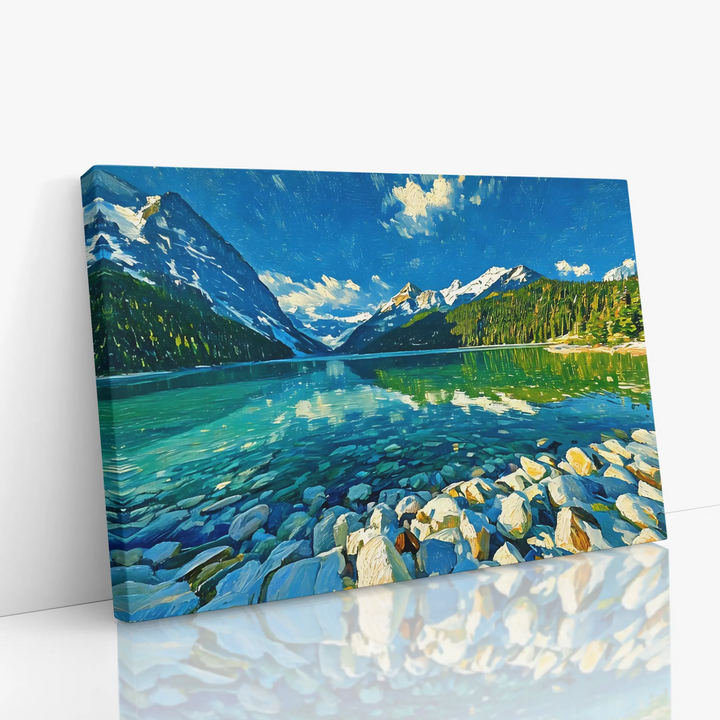 Canvas print of a serene mountain lake with clear blue water, surrounded by snow-capped peaks and lush forests.