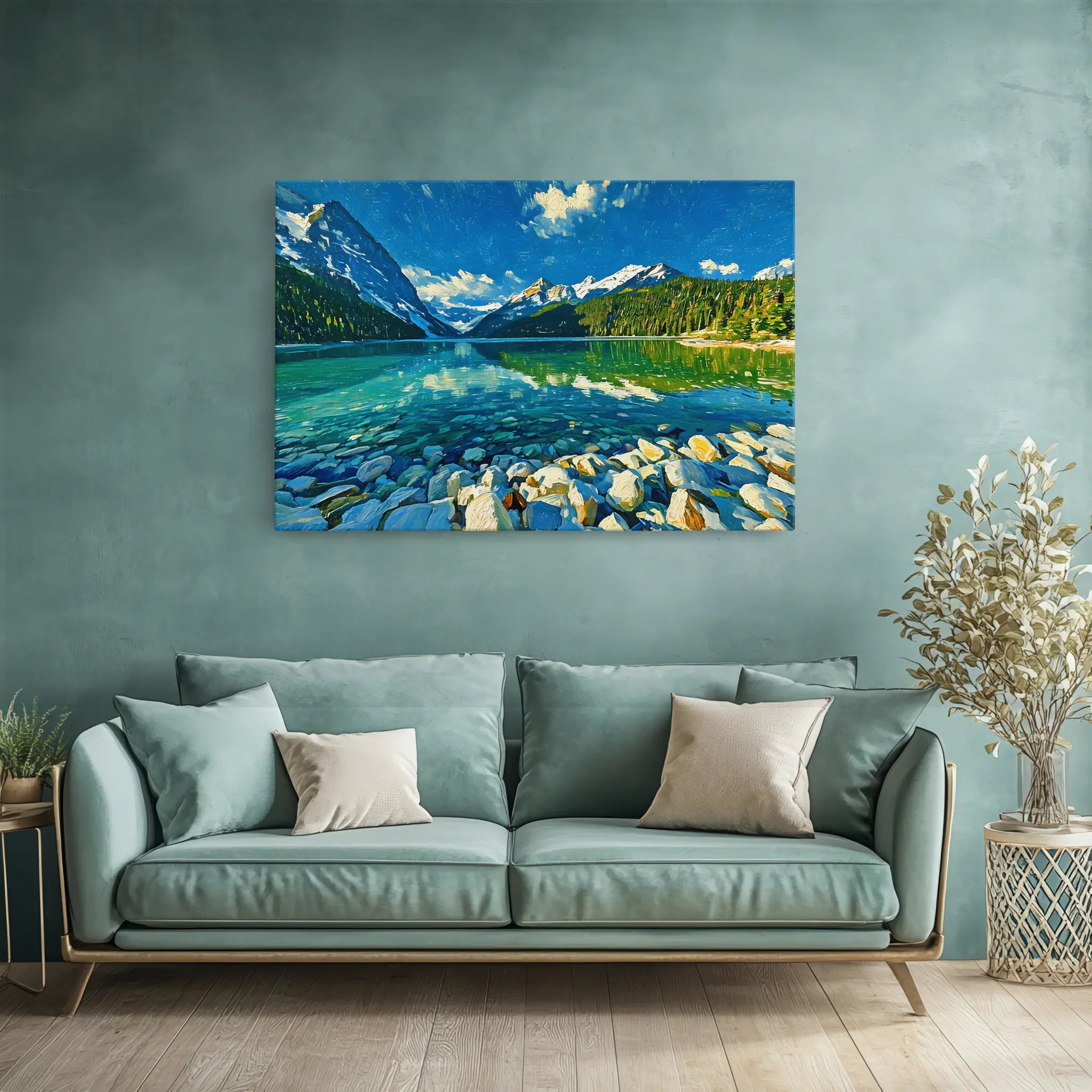 A serene landscape painting of a lake with mountains, above a teal sofa with cushions, in a stylish living room.