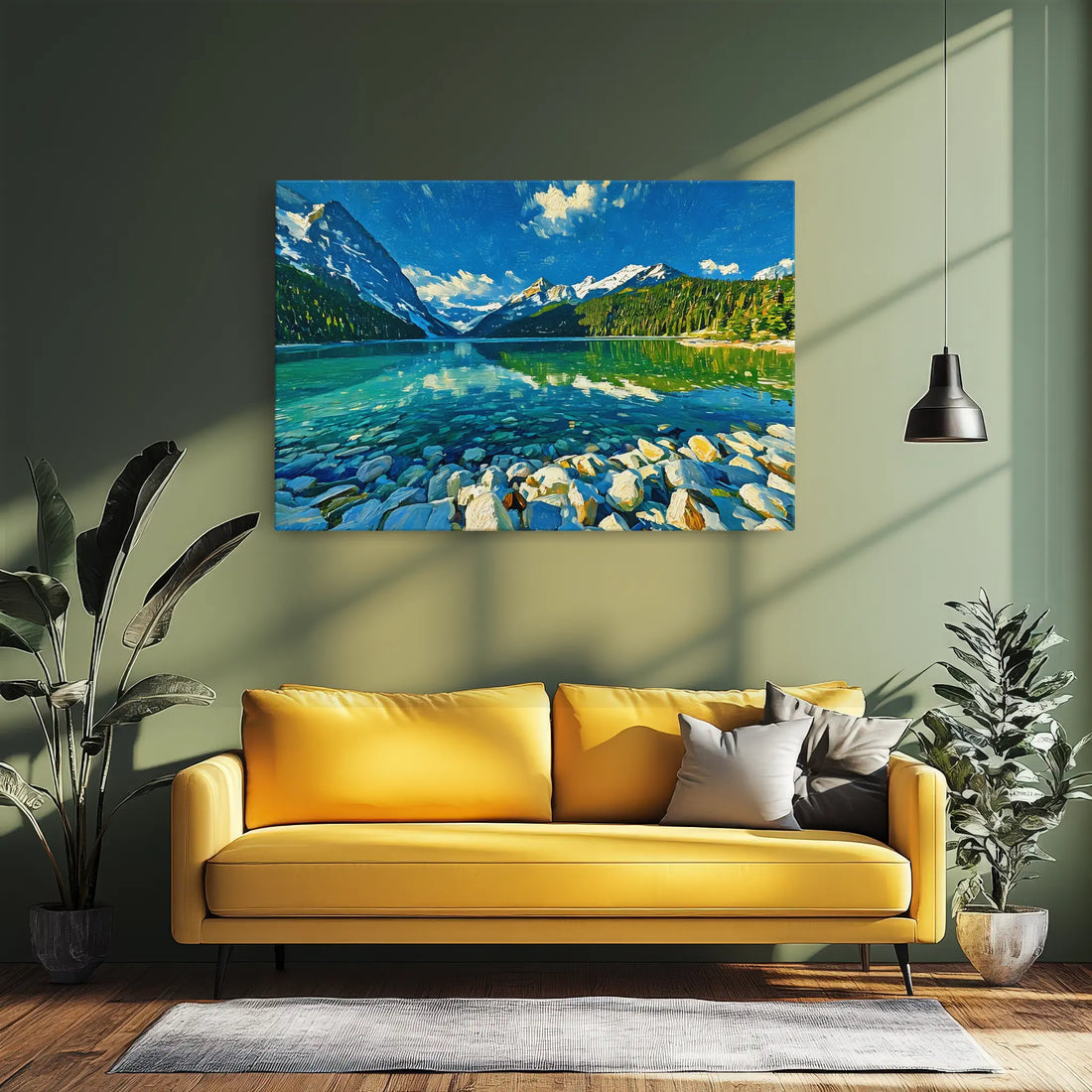 A yellow sofa with gray pillows in a modern living room, featuring a landscape painting of a lake and mountains on the wall.