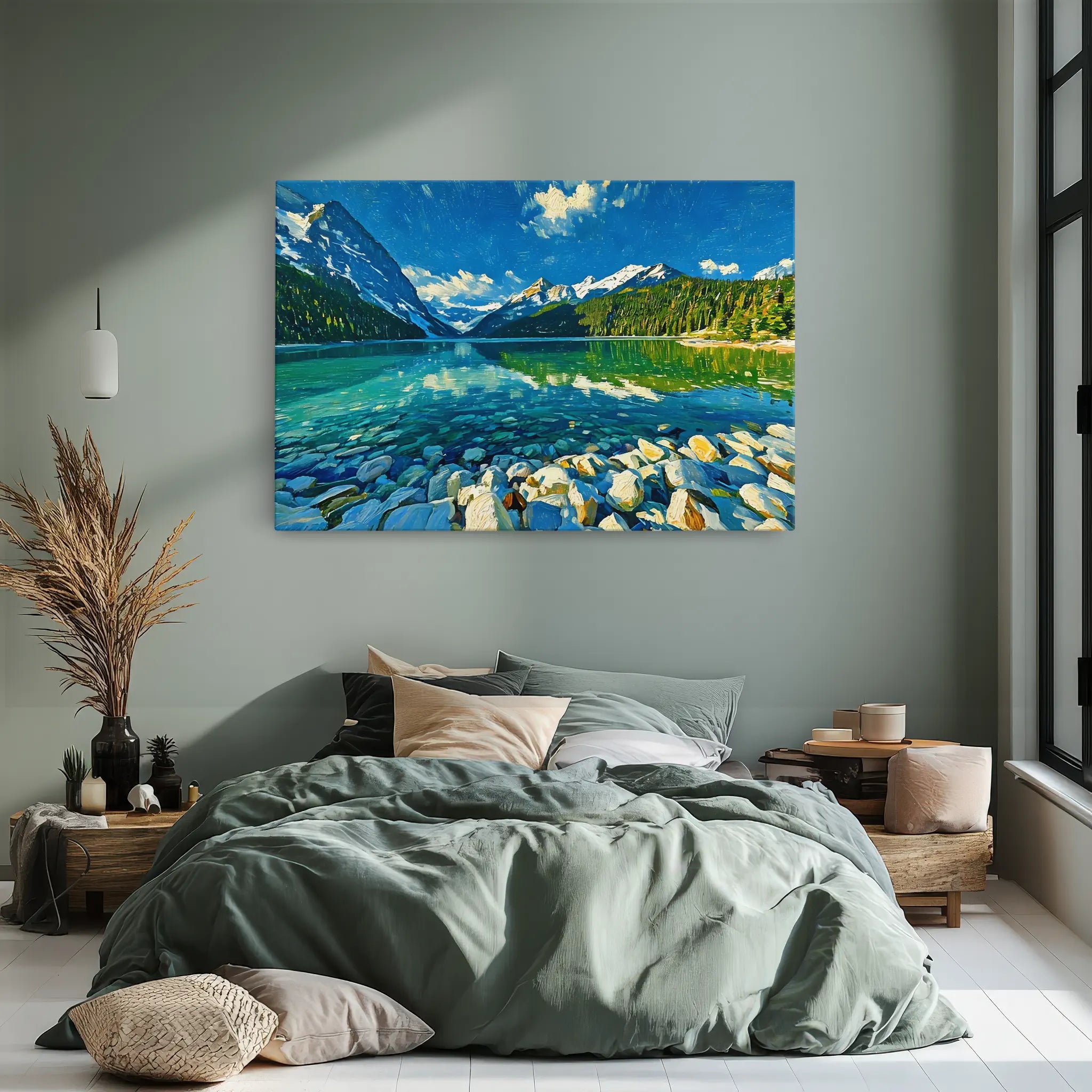 A cozy bedroom with a green bedspread, pillows, and a large landscape painting of a lake and mountains on the wall.