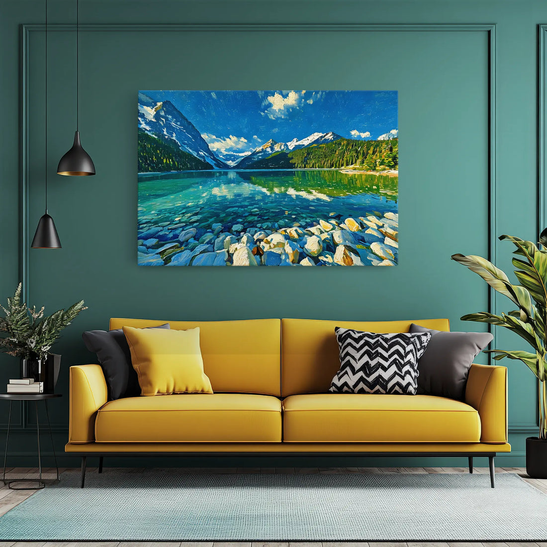 Yellow sofa with colorful cushions in a teal room, featuring a landscape painting of a lake and mountains above.