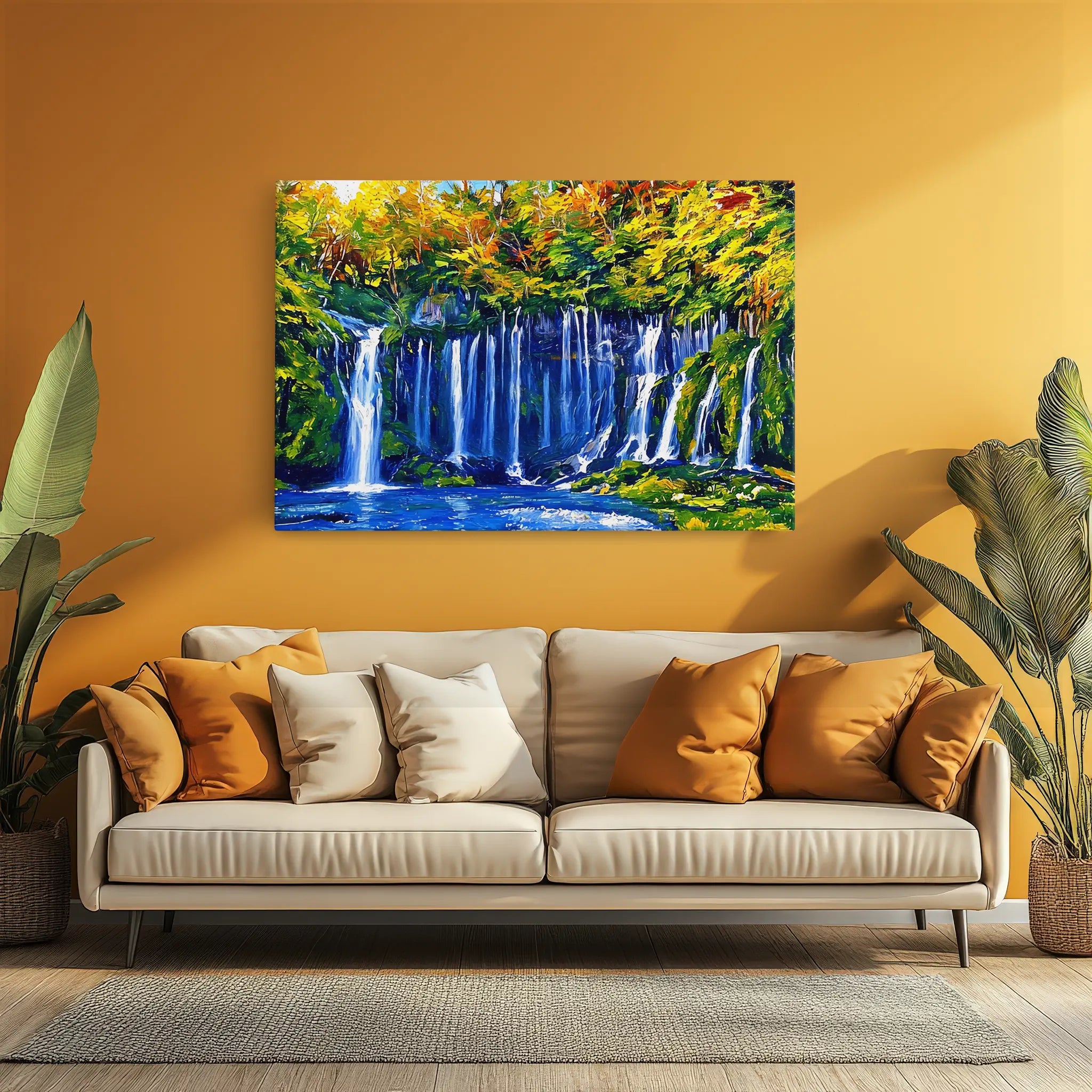 A cozy beige sofa with orange and white pillows, set against a vibrant orange wall featuring a colorful waterfall painting.