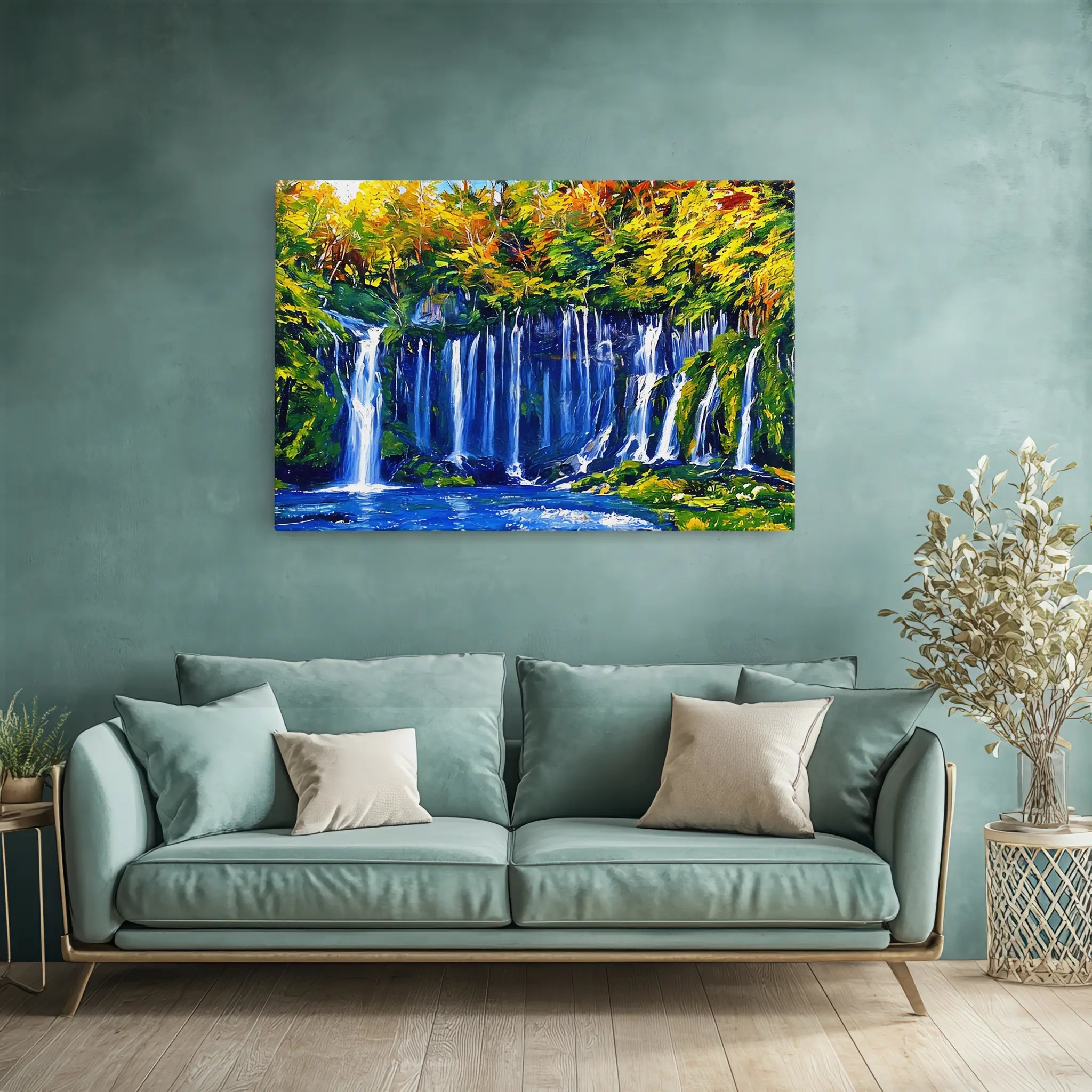 A teal sofa with white cushions is placed against a teal wall, featuring a colorful painting of a waterfall and autumn trees.