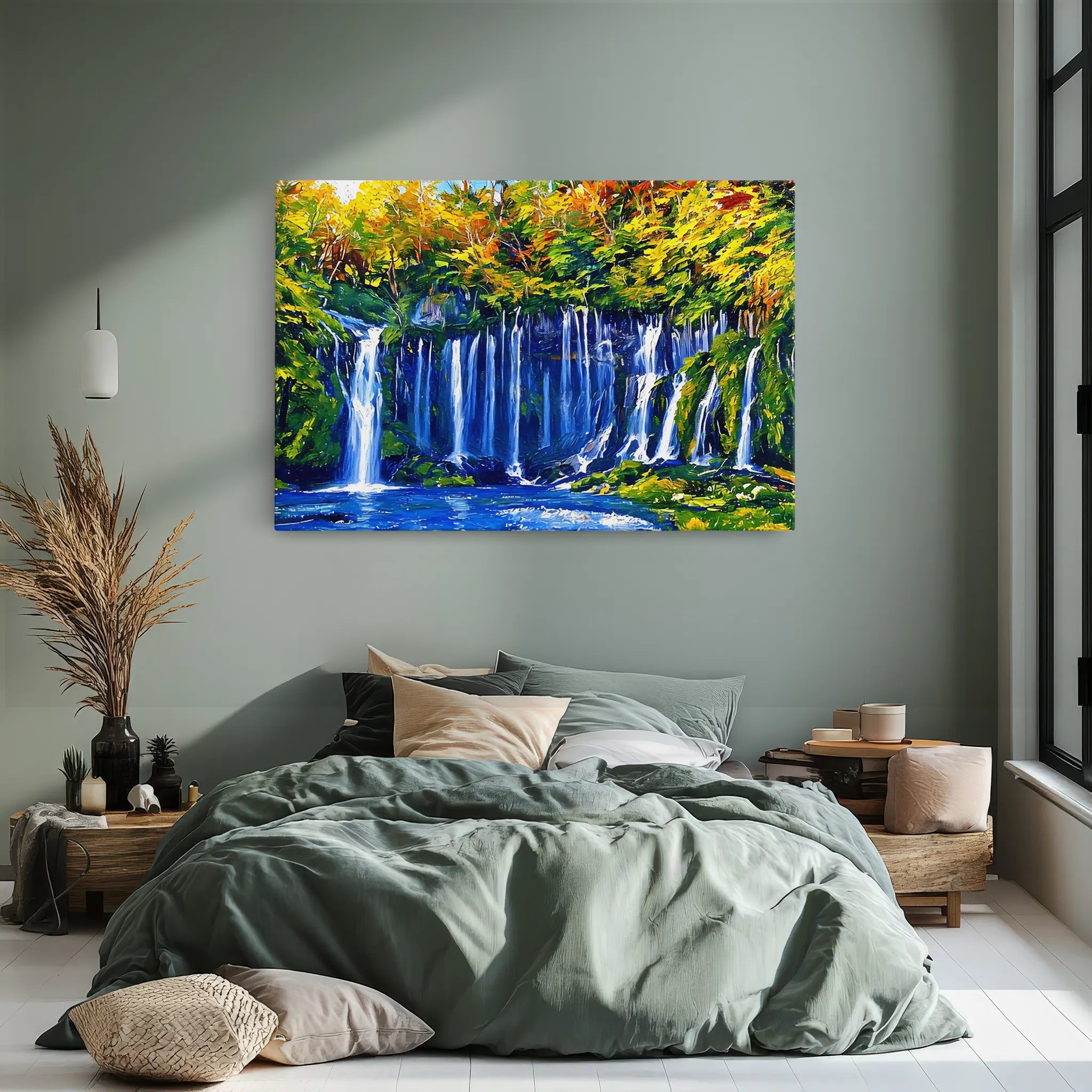 Bedroom with a green bedspread, decorative pillows, and a vibrant waterfall painting on the wall.
