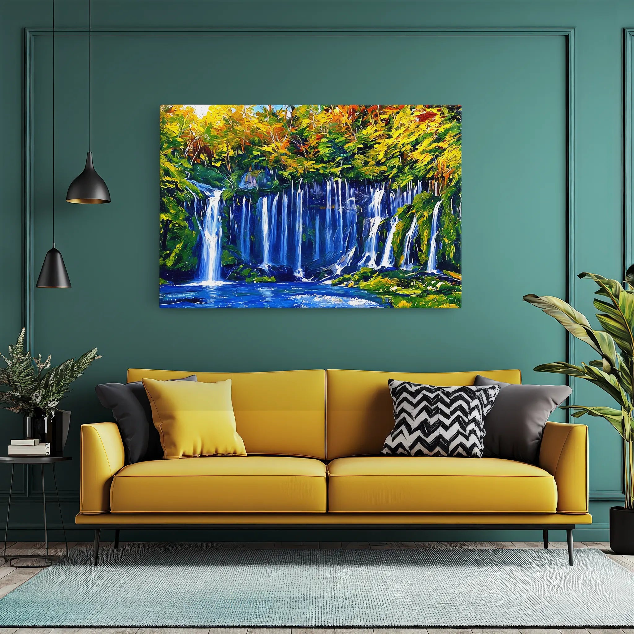 Yellow sofa with colorful waterfall painting on teal wall, accented by black pendant lights and decorative pillows.