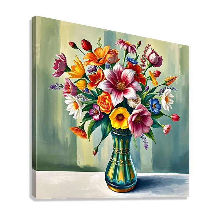 Color And Life Flowers In Green Vase Still Life Print-11910 Giclée Stretched Canvas Print Visual Wall Art