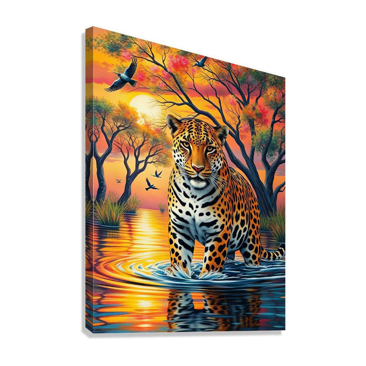 Cute Leopard Standing In Water, Animal Art Print 34819 Giclée Stretched Canvas Print Visual Wall Art