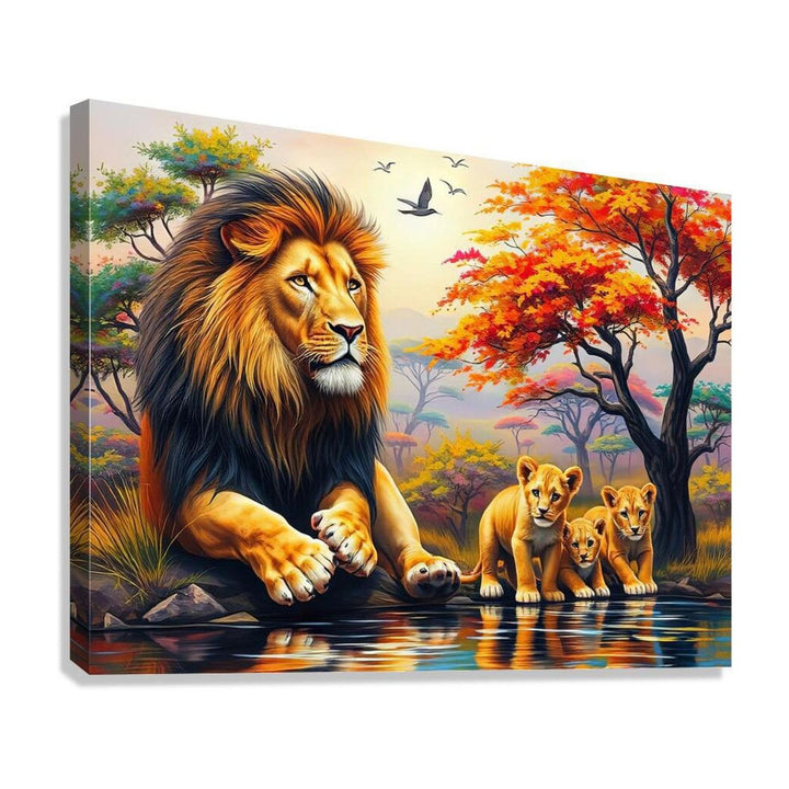 Cute Lions Cubs And The King, Animal Art Print 43834 Giclée Stretched Canvas Print Visual Wall Art