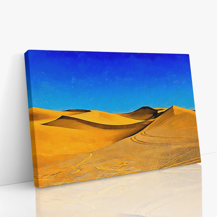 Canvas print of a desert landscape with sand dunes under a clear blue sky.