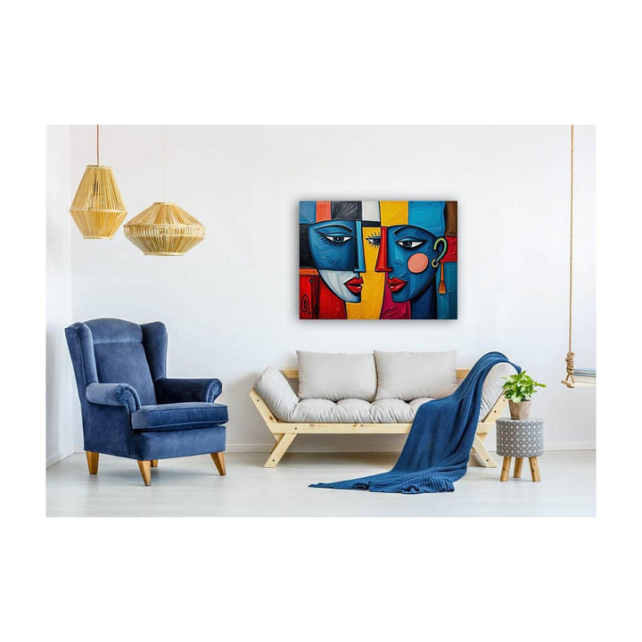 Dual Blue Faces, Abstract Art Print 43626 Visual Wall Art