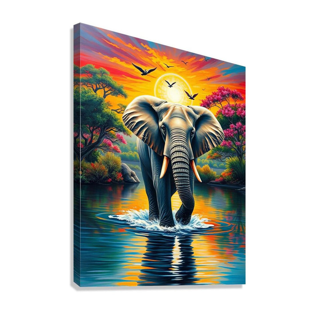 Elephant Walking In River, Animal Art Print 34813 Giclée Stretched Canvas Print Visual Wall Art