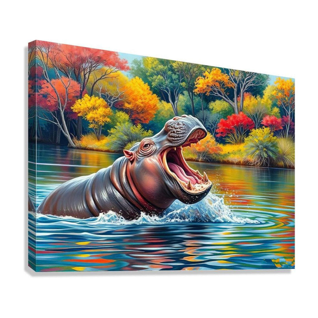 Engaging Hippo In River, Animal Art Print 43817 Giclée Stretched Canvas Print Visual Wall Art