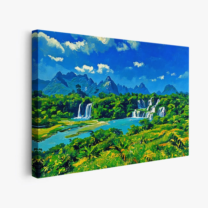 Canvas print of a vibrant landscape painting featuring waterfalls, lush greenery, and distant mountains under a bright blue sky.