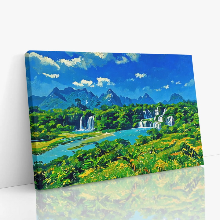 Canvas painting of a vibrant landscape with waterfalls, lush greenery, and mountains under a blue sky.
