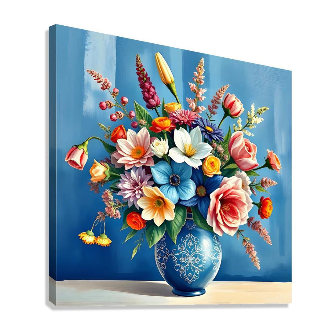 Flowers In A Blue White Patterned Vase Still Life Print-11903 Giclée Stretched Canvas Print Visual Wall Art