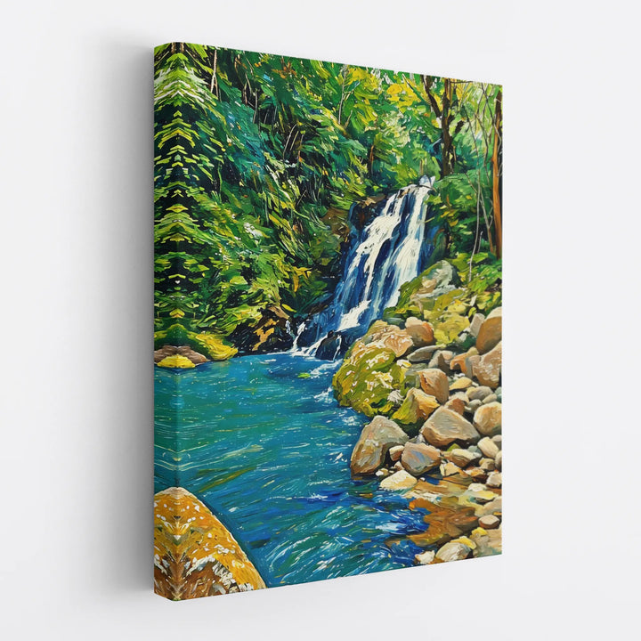 Canvas painting of a waterfall surrounded by lush greenery and rocks.