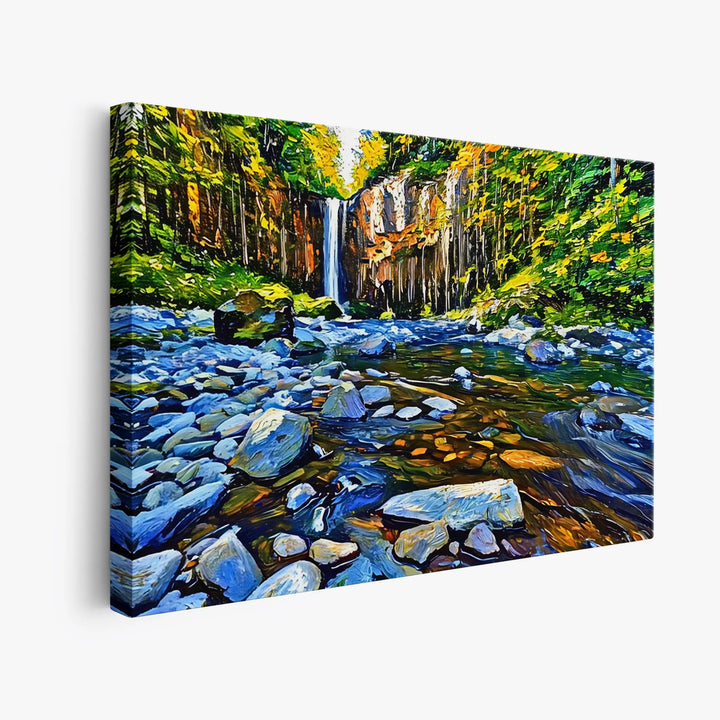 Canvas print of a vibrant waterfall scene with rocks and lush greenery.