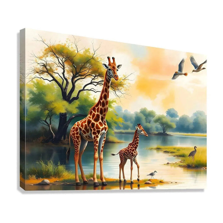 Giraffe And Calf Near The River, Animal Art Print 43807 Giclée Stretched Canvas Print Visual Wall Art