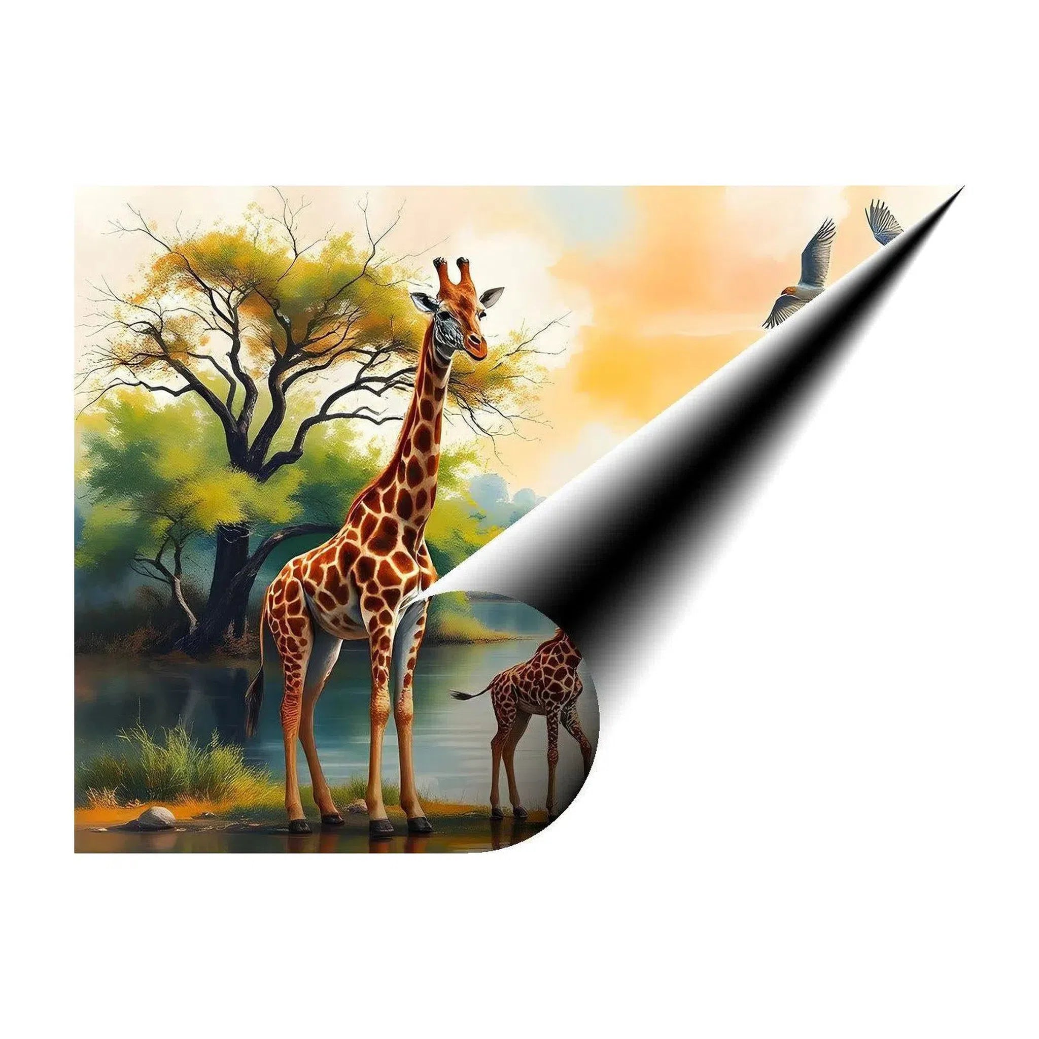Giraffe And Calf Near The River, Animal Art Print 43807 Giclée Fine Art Matte Paper Print Visual Wall Art