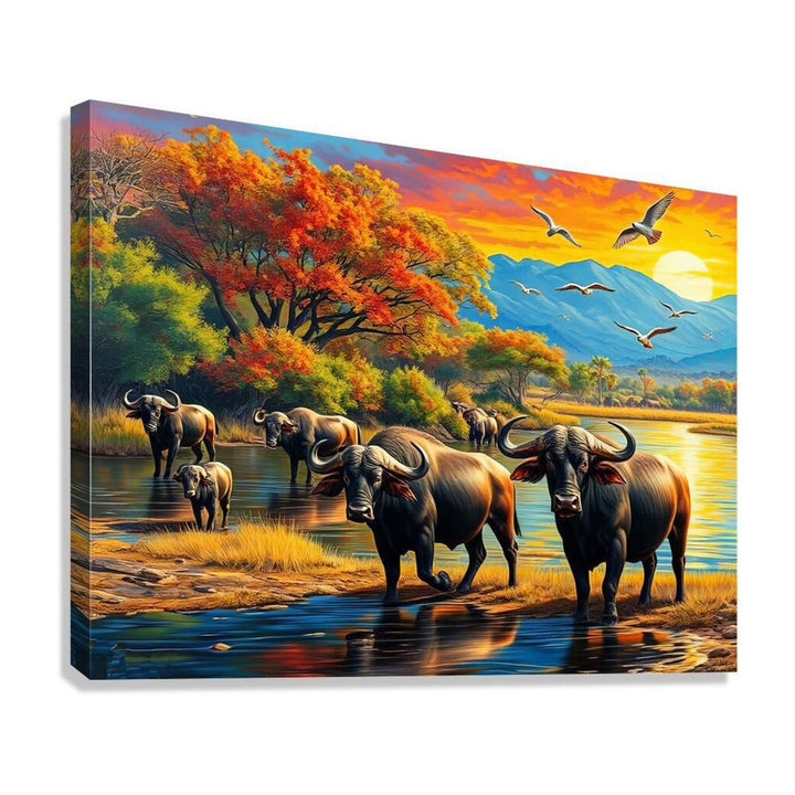 Herds Of Buffalos By The River, Animal Art Print 43818 Giclée Stretched Canvas Print Visual Wall Art