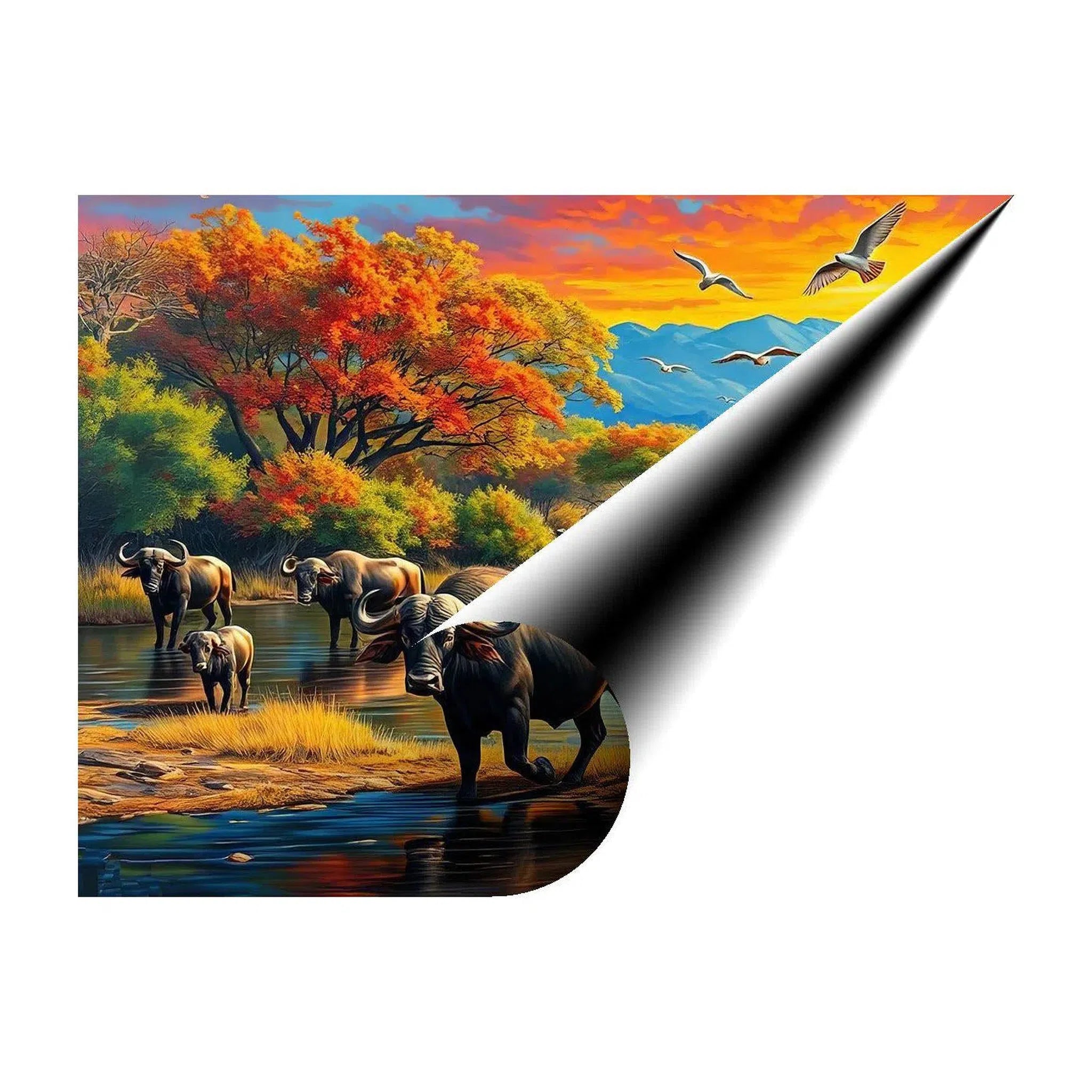 Herds Of Buffalos By The River, Animal Art Print 43818 Giclée Rolled Canvas Print Visual Wall Art