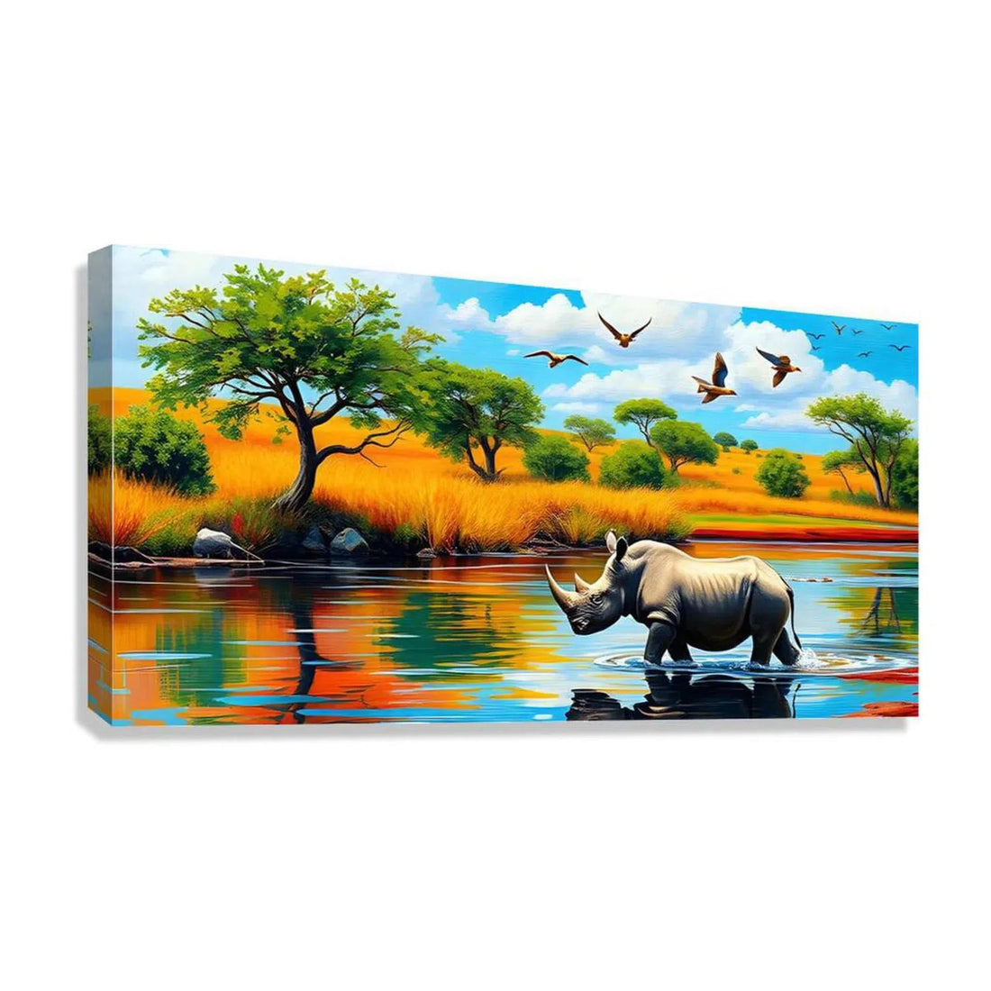 Horned Rhinoceros Crossing A River, Animal Art Print 21301 Giclée Stretched Canvas Print Visual Wall Art