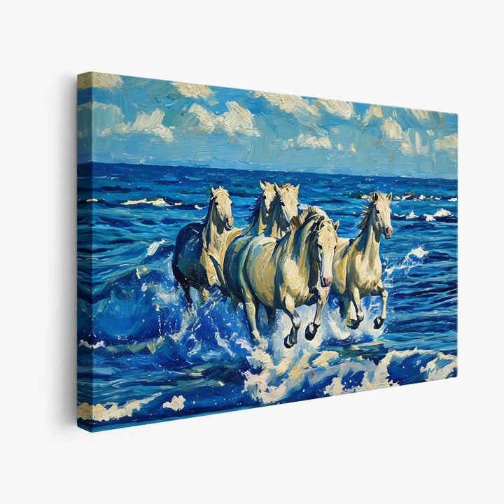 Canvas painting of four white horses running through ocean waves under a blue sky.