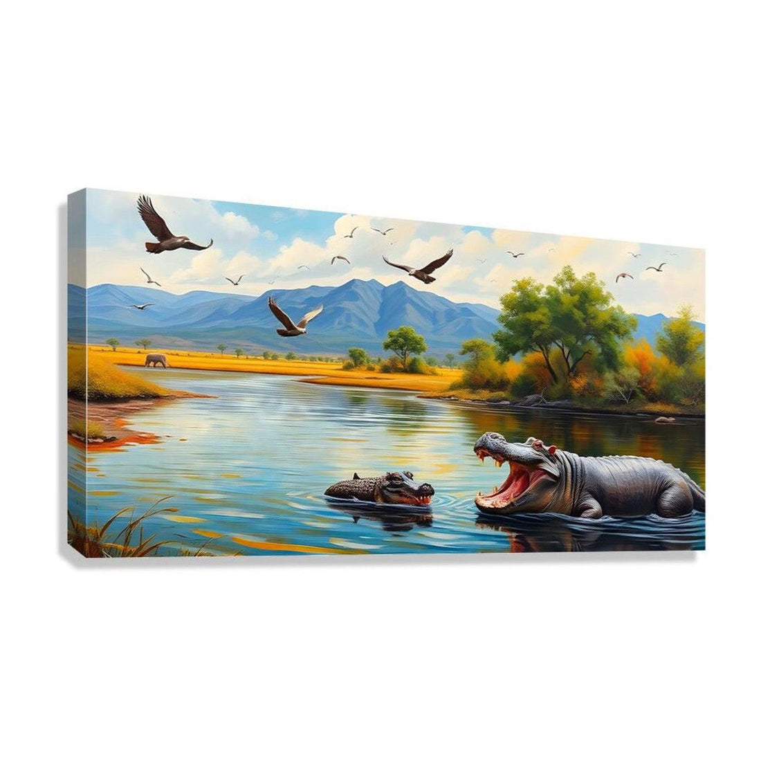 Hyppo Vs Crocodile, Animal Art Print 21000 Giclée Stretched Canvas Print Visual Wall Art