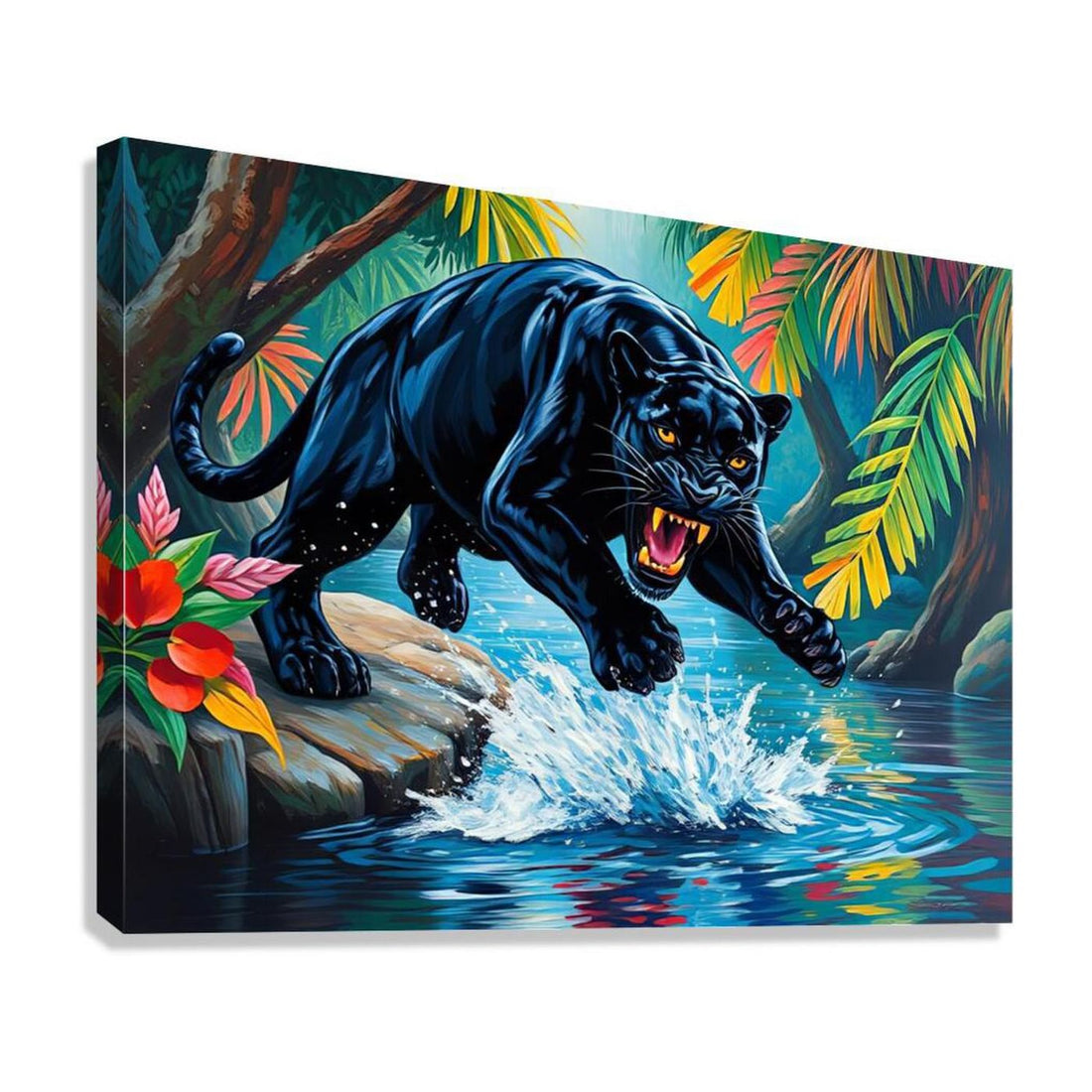 Jumping Black Panther, Animal Art Print 43823 Giclée Stretched Canvas Print Visual Wall Art