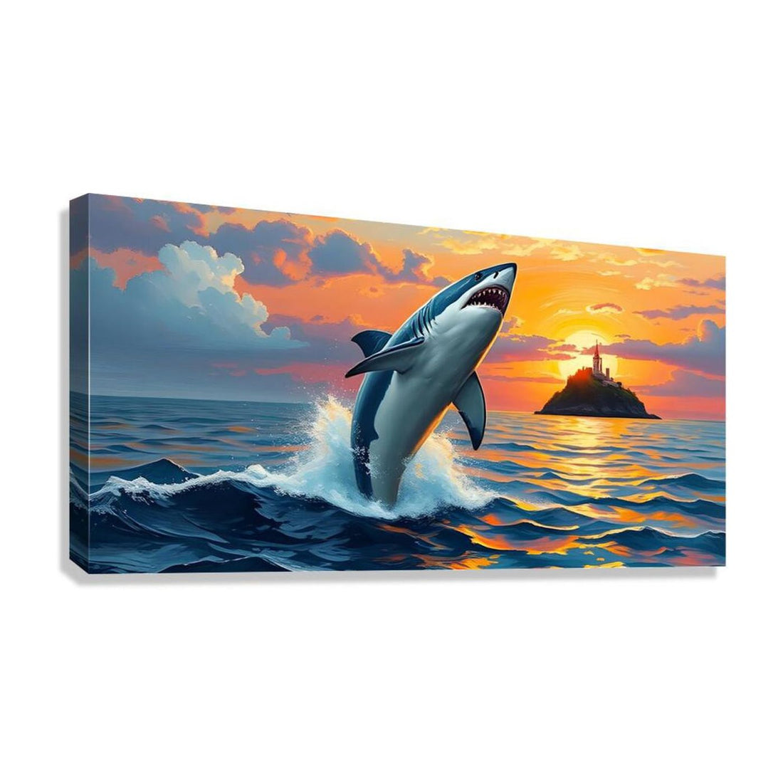 Jumping Shark At Sunset, Animal Art Print 21402 Giclée Stretched Canvas Print Visual Wall Art