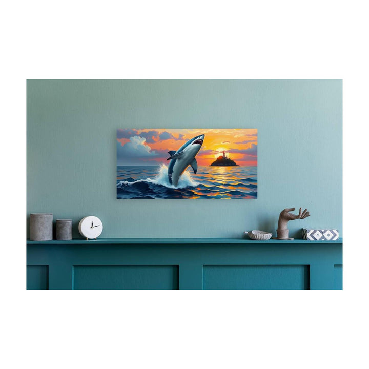 Jumping Shark At Sunset, Animal Art Print 21402 Visual Wall Art