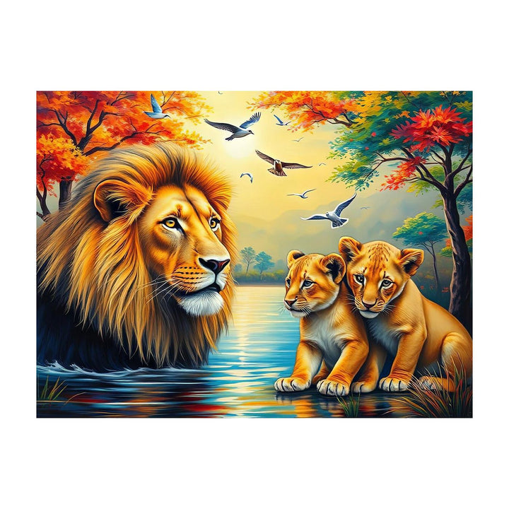 King Lion And Cubs, Animal Art Print 43824 Giclée Stretched Canvas Print Visual Wall Art