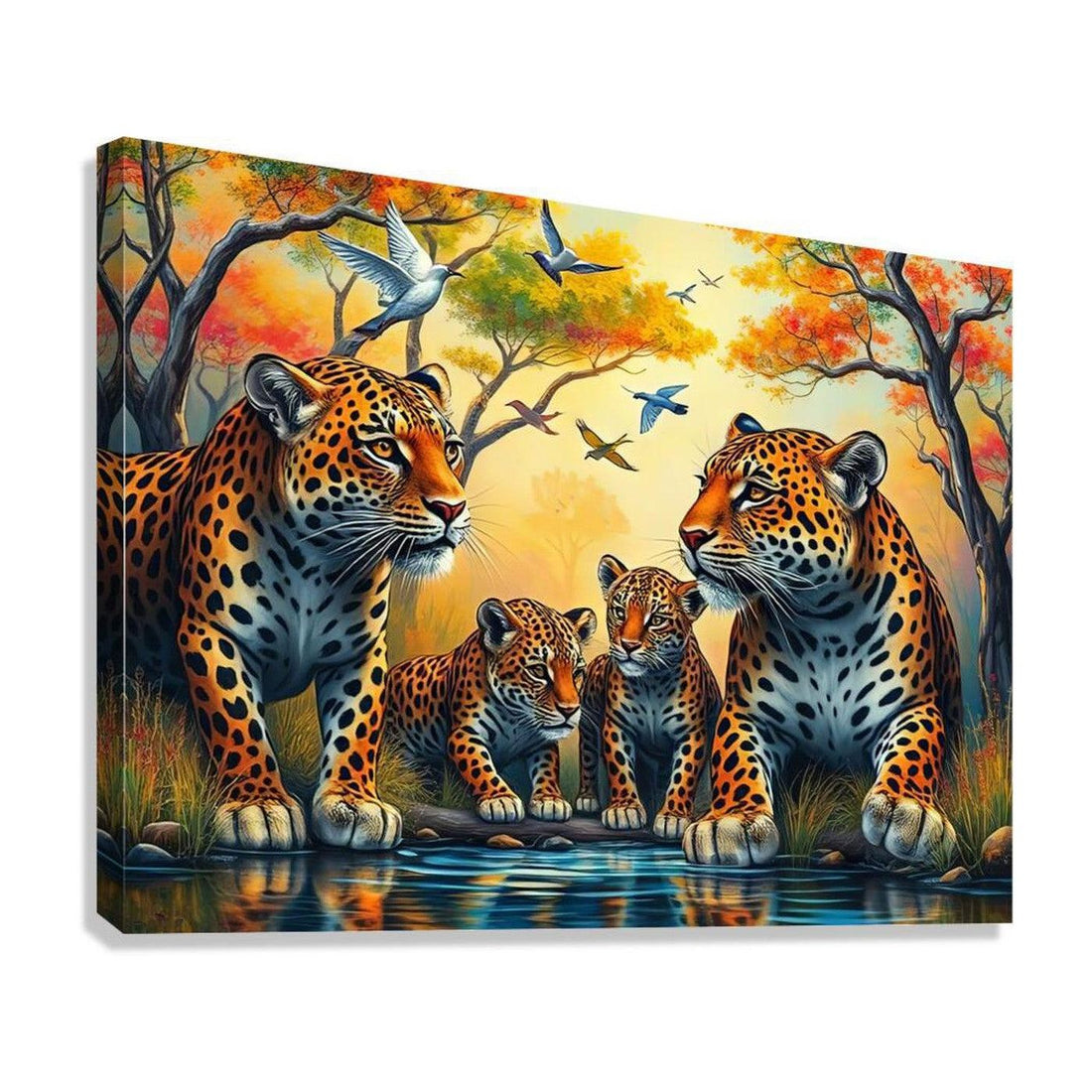 Leopards Surrounded By Birds, Animal Art Print 43828 Giclée Stretched Canvas Print Visual Wall Art