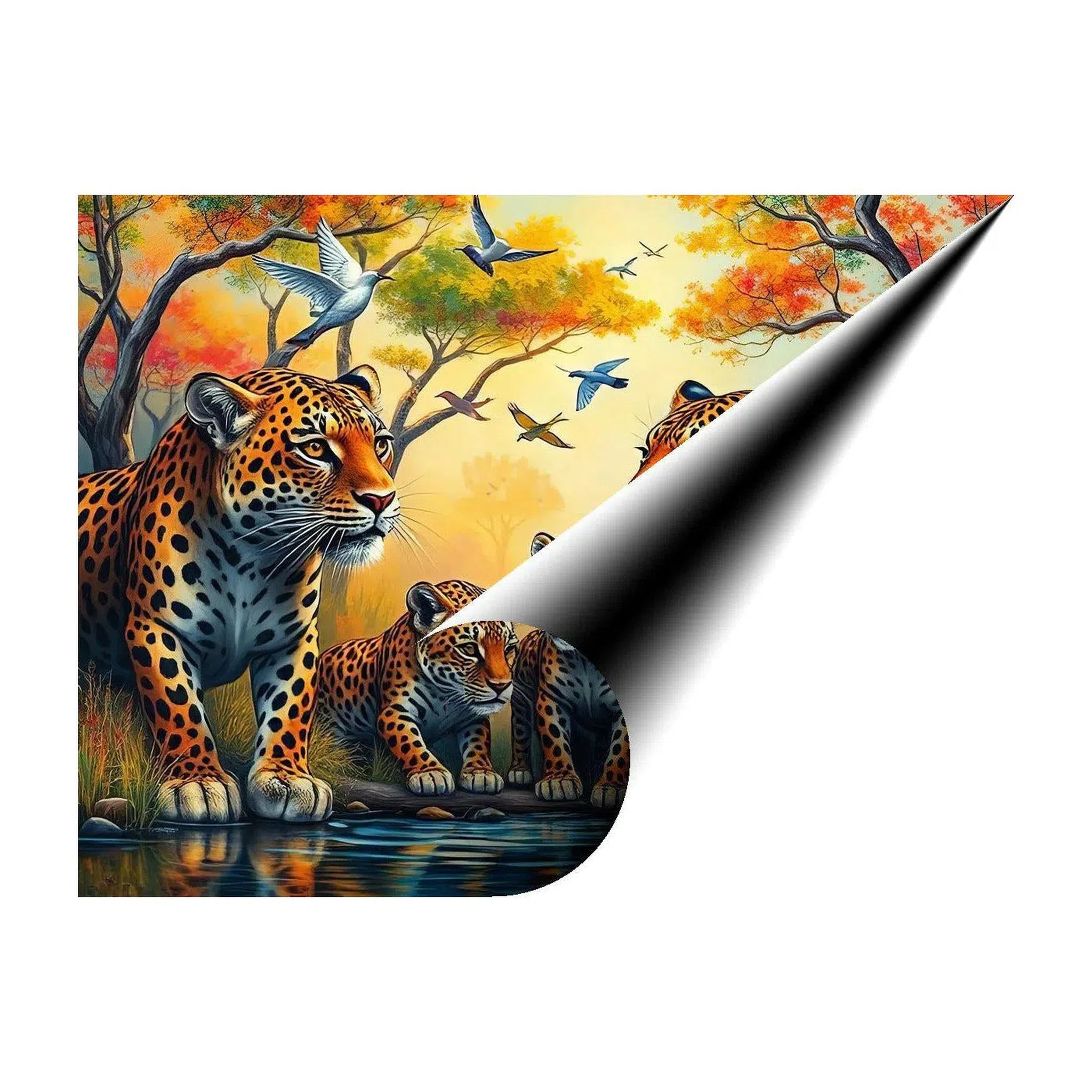 Leopards Surrounded By Birds, Animal Art Print 43828 Giclée Rolled Canvas Print Visual Wall Art