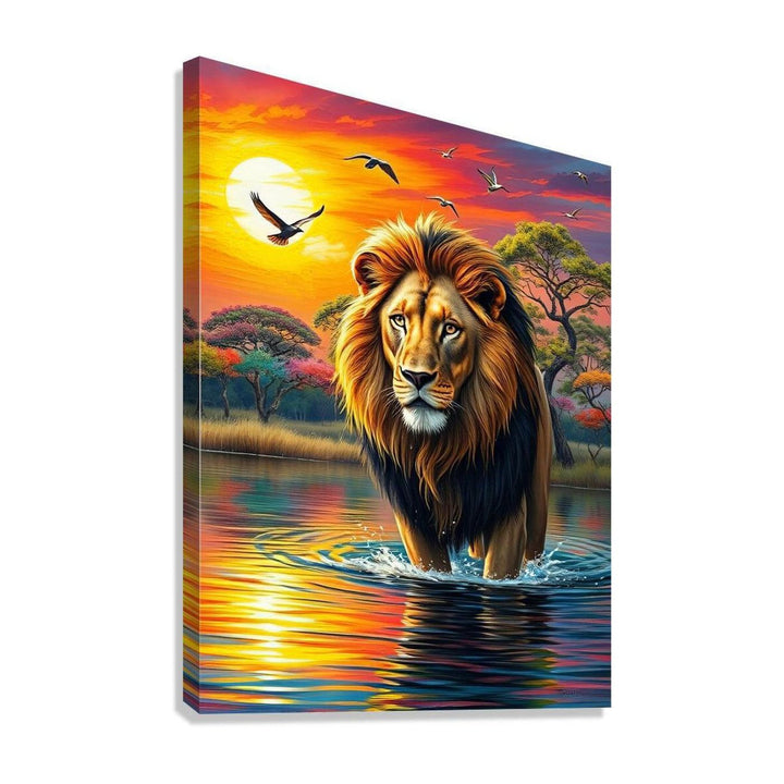 Lion Portrait Standing In Water, Animal Art Print 34820 Giclée Stretched Canvas Print Visual Wall Art