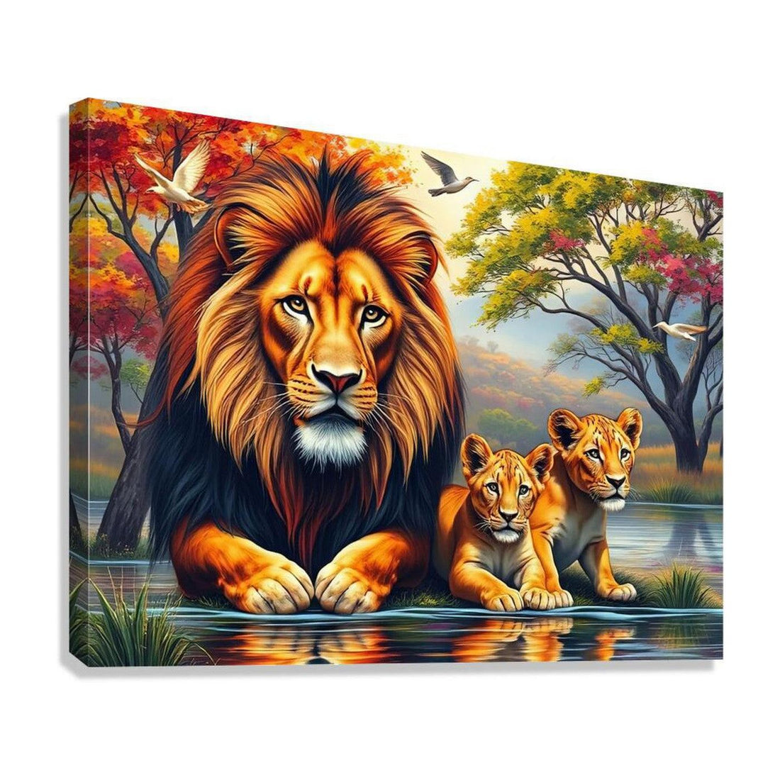 Little Lions Sitting With Dad, Animal Art Print 43829 Giclée Stretched Canvas Print Visual Wall Art