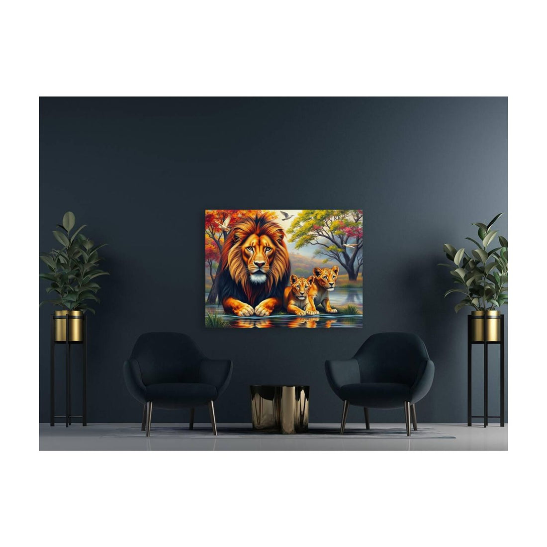 Little Lions Sitting With Dad, Animal Art Print 43829 Visual Wall Art