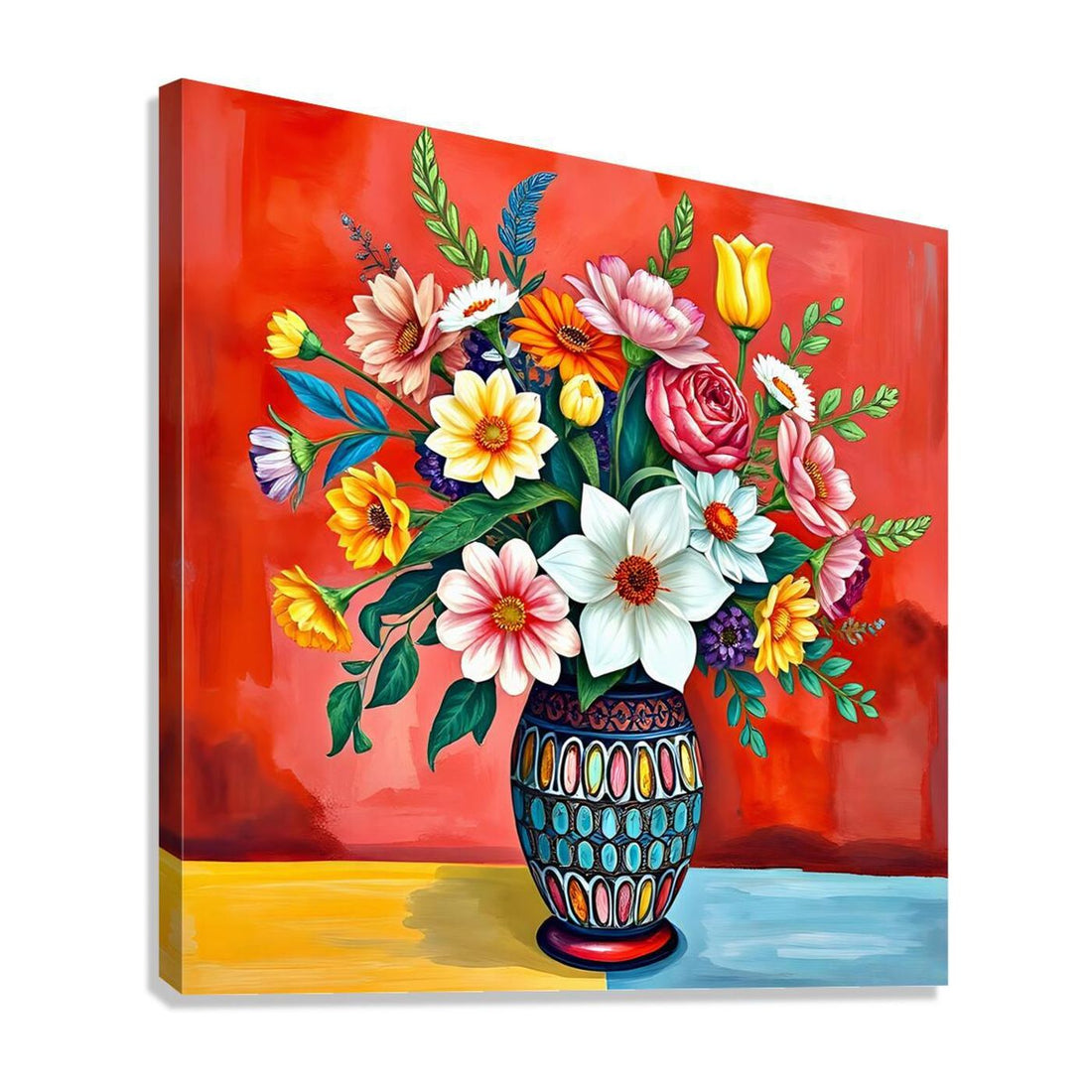 Lively Floral In Patterned Vase Still Life-11914 Giclée Stretched Canvas Print Visual Wall Art