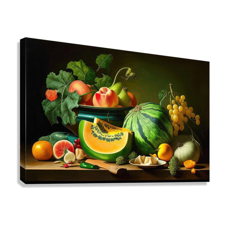 Melons With A Bowl Of Mixed Fruit, Still Life Nature Art Print 32623 Giclée Stretched Canvas Print Visual Wall Art