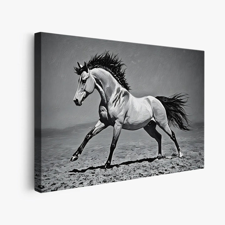 Black and white canvas print of a galloping horse with a flowing mane.