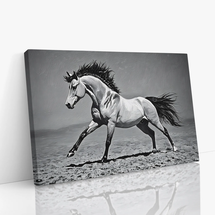 Black and white canvas print of a galloping horse with a flowing mane.