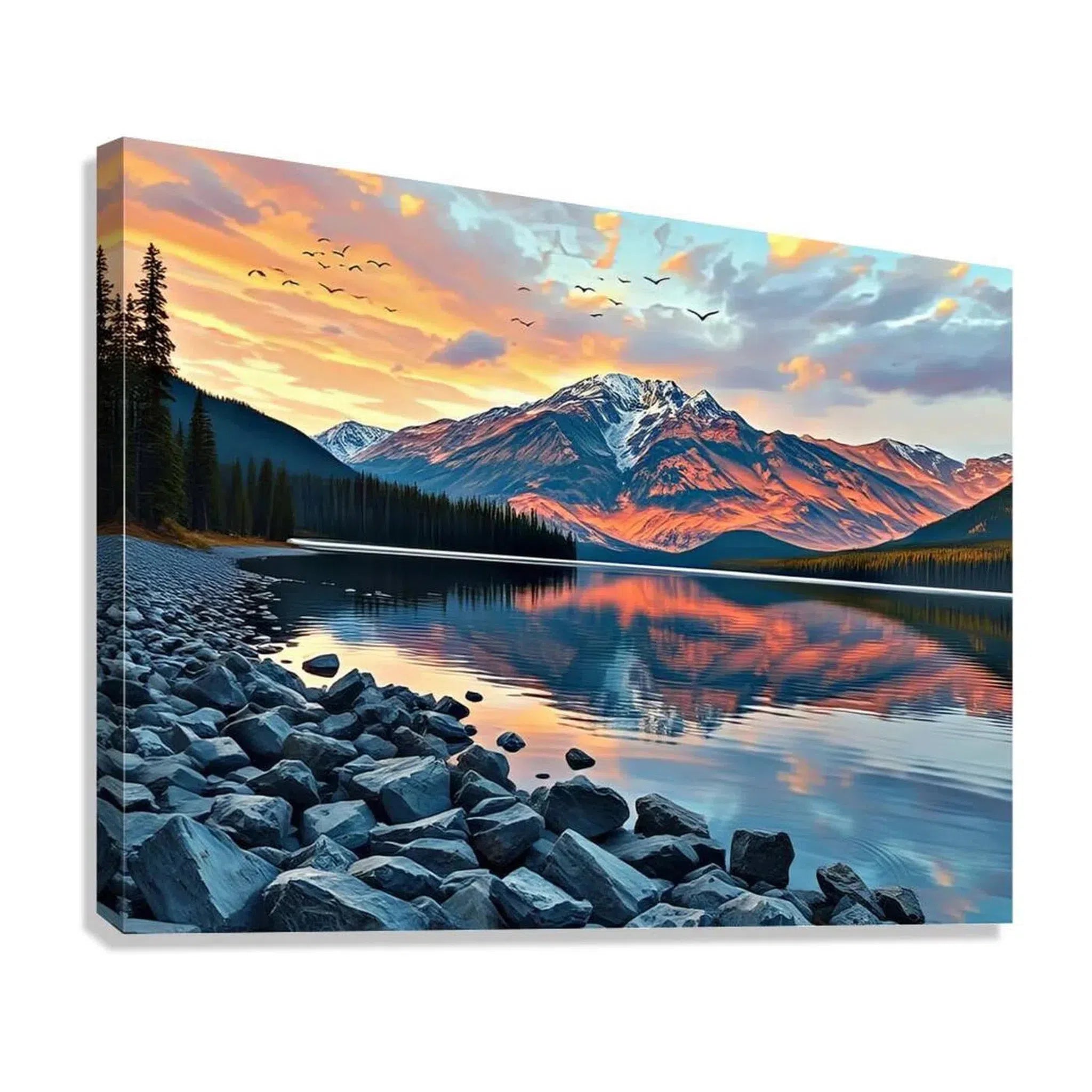 Mountain Lake Scene Sunrise Nature Art Print-43717 Giclée Stretched Canvas Print Visual Wall Art