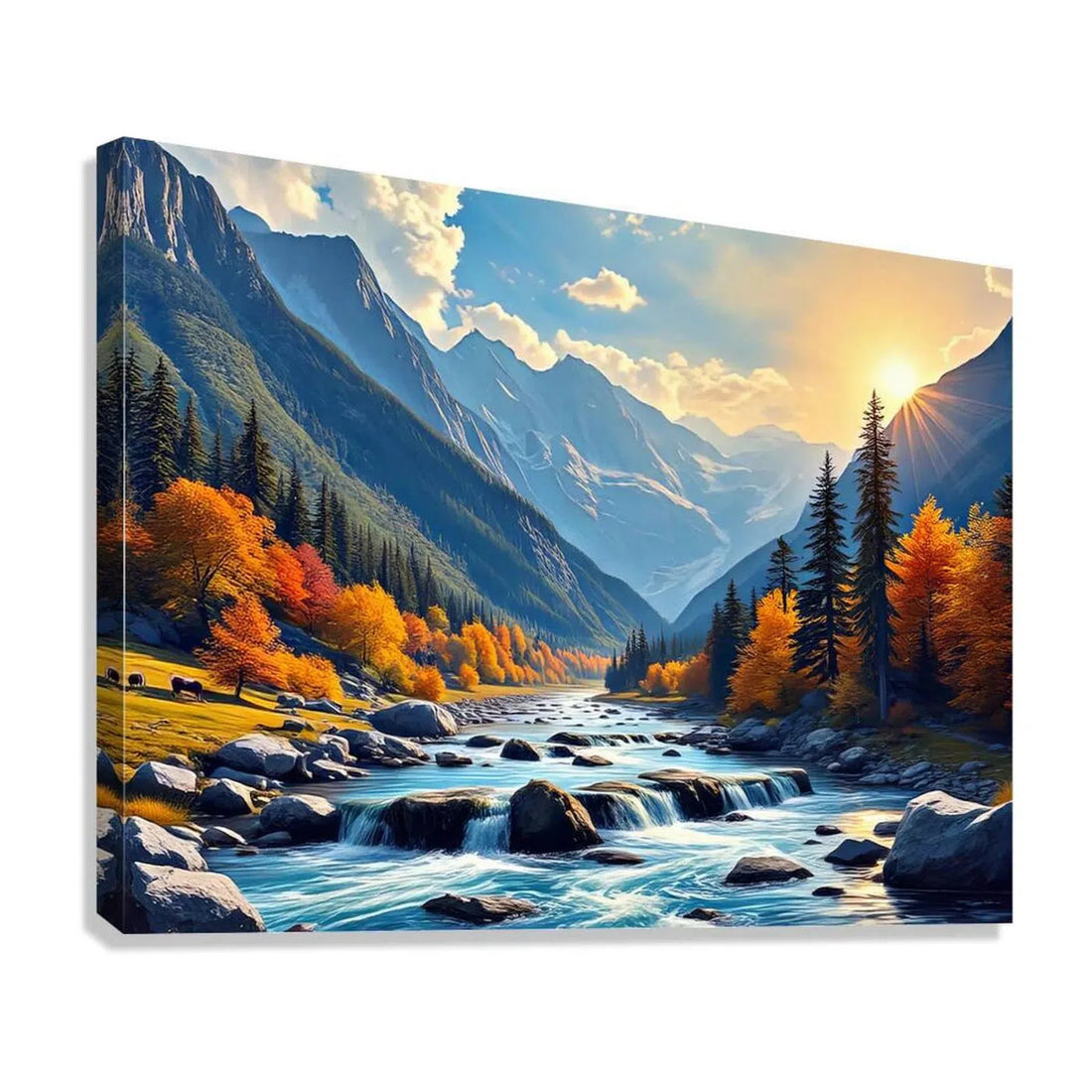 Mountain River In Autumn Nature Art Print 43719 Giclée Stretched Canvas Print Visual Wall Art