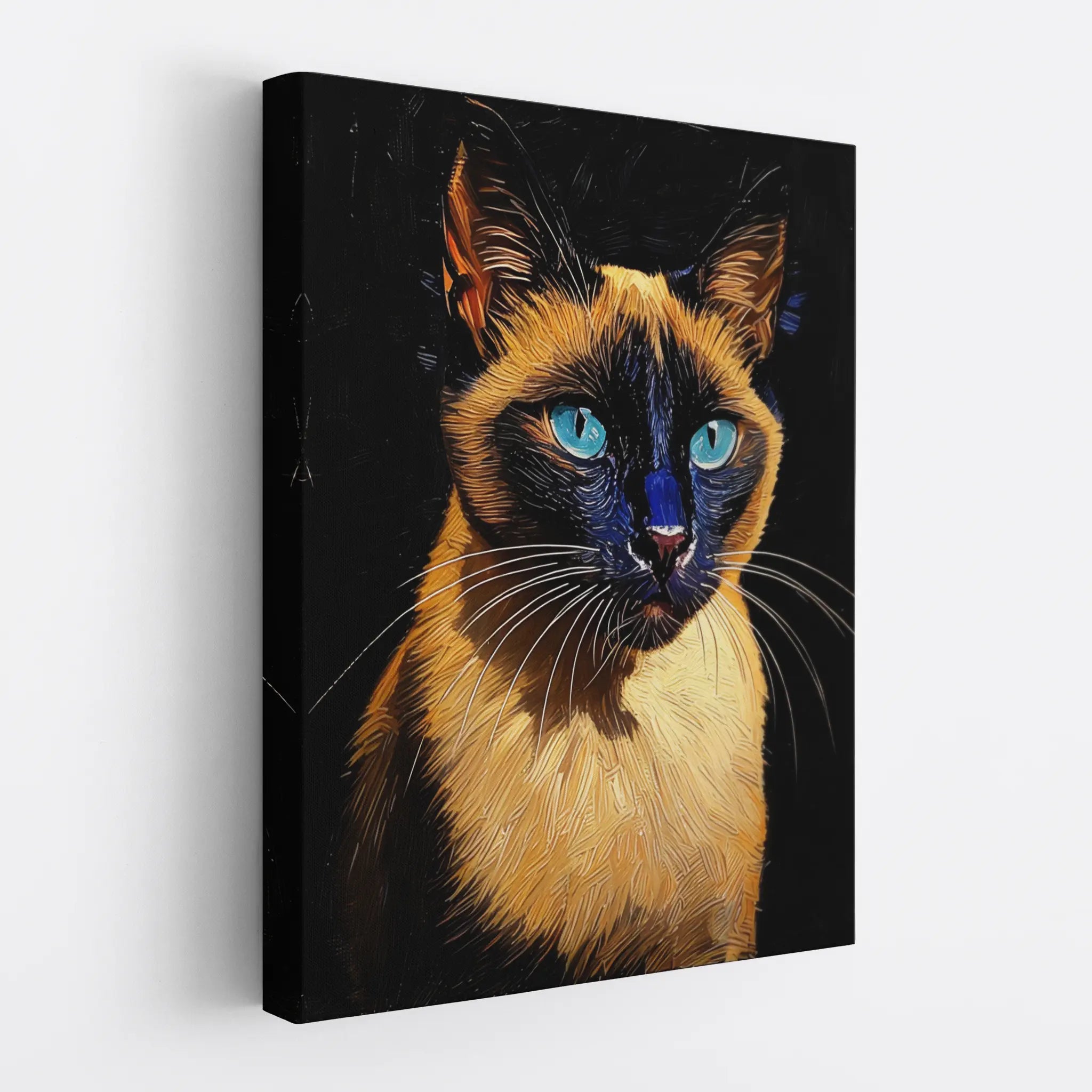 Canvas print of a Siamese cat with striking blue eyes on a black background.