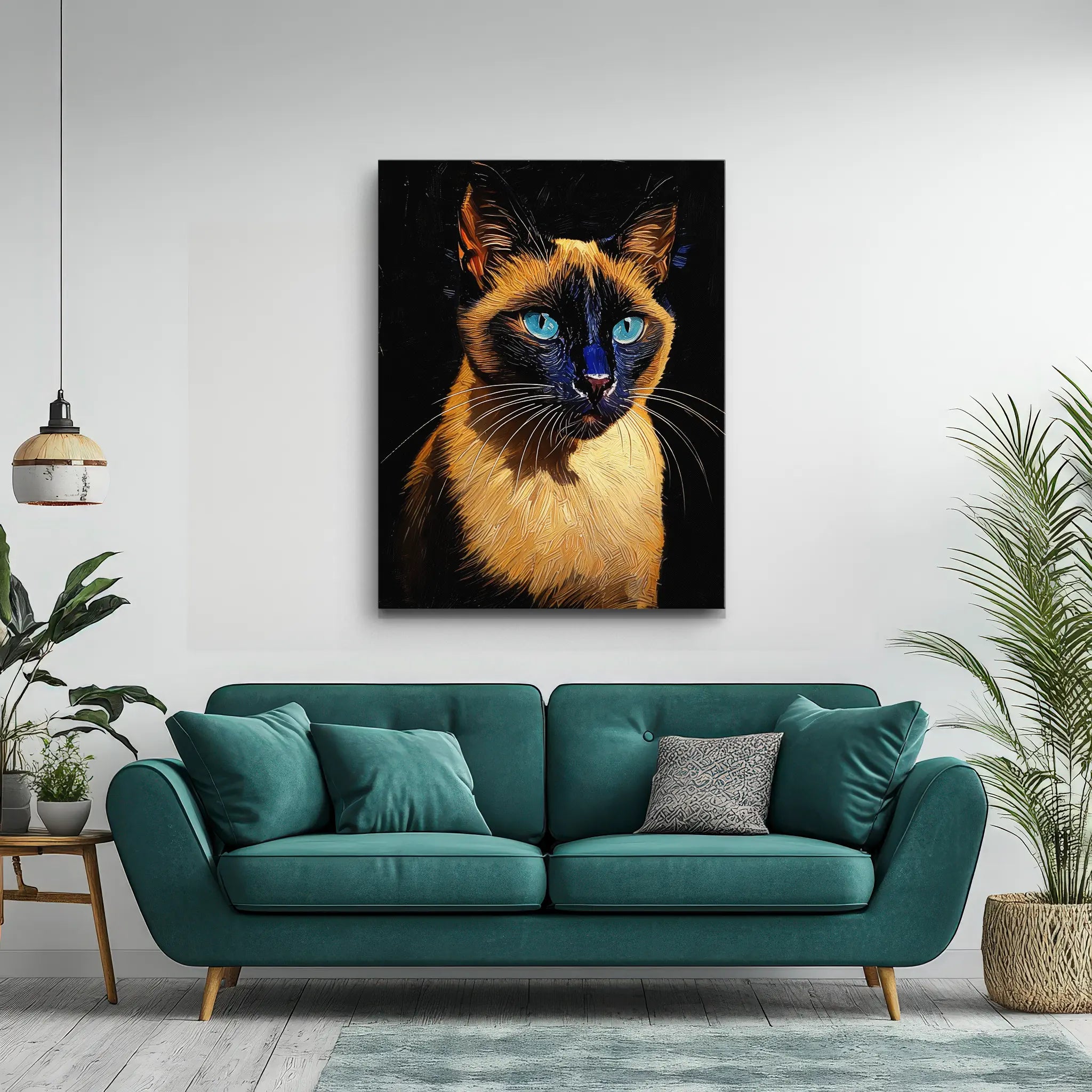 Painting of a Siamese cat with blue eyes on a wall above a teal sofa in a modern living room.