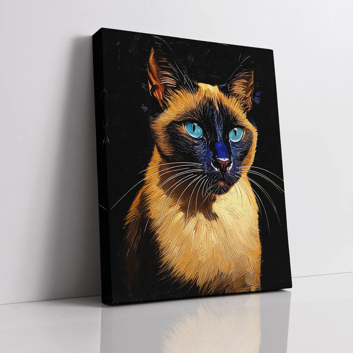 Canvas print of a Siamese cat with striking blue eyes against a dark background.