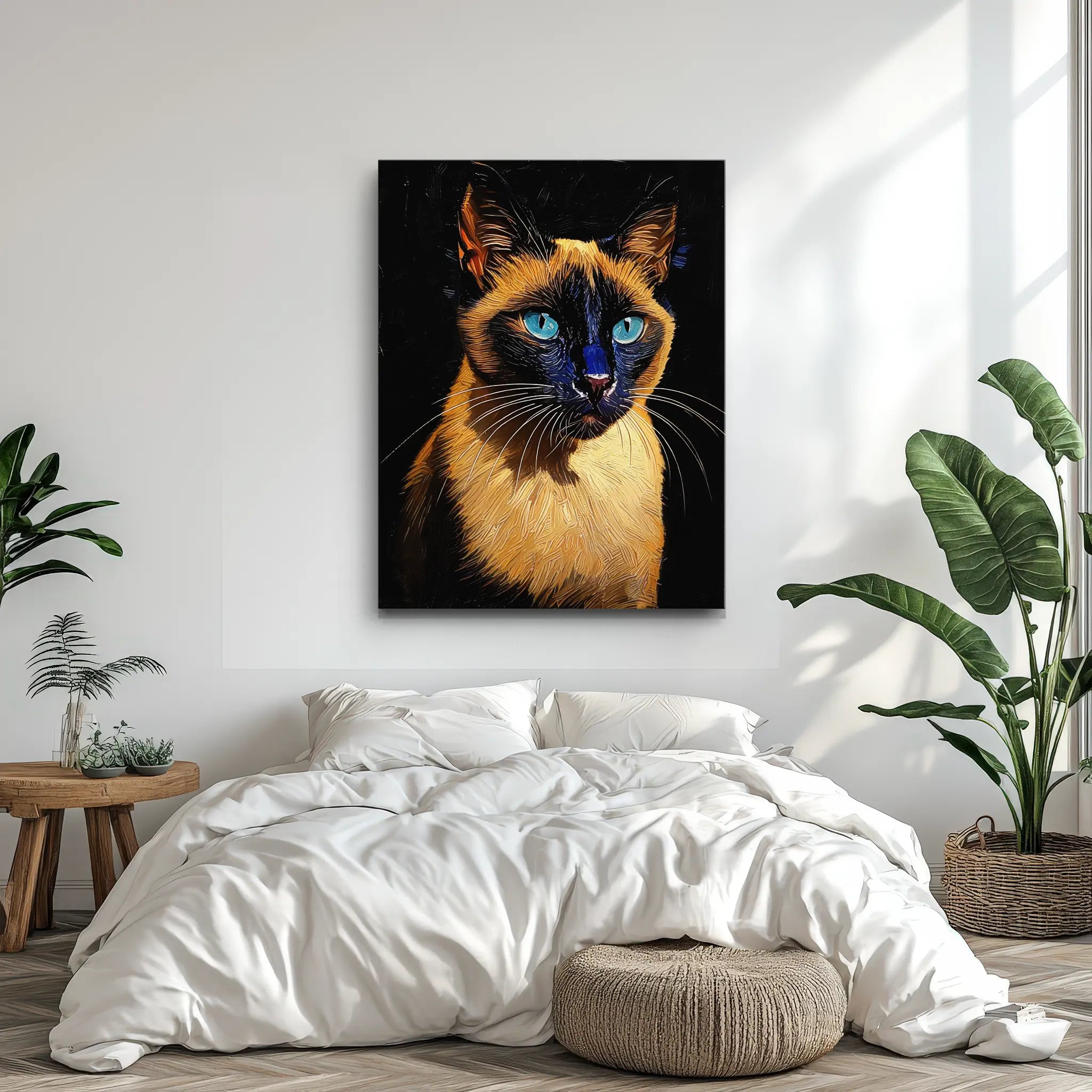 Painting of a Siamese cat with blue eyes on a wall above a bed in a bright, modern bedroom.
