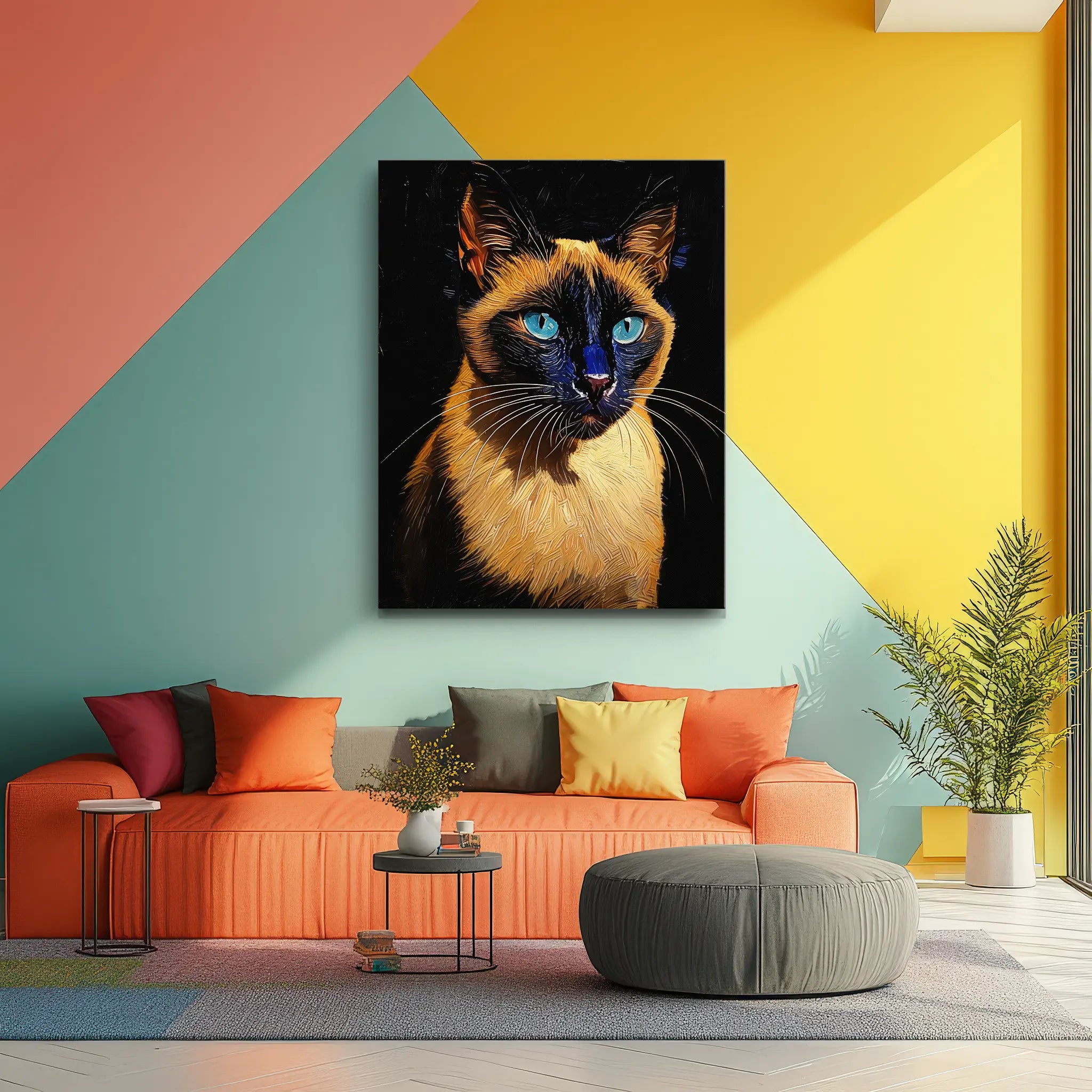 Colorful living room with geometric wall design, featuring a large cat portrait above an orange sofa with multicolored pillows.